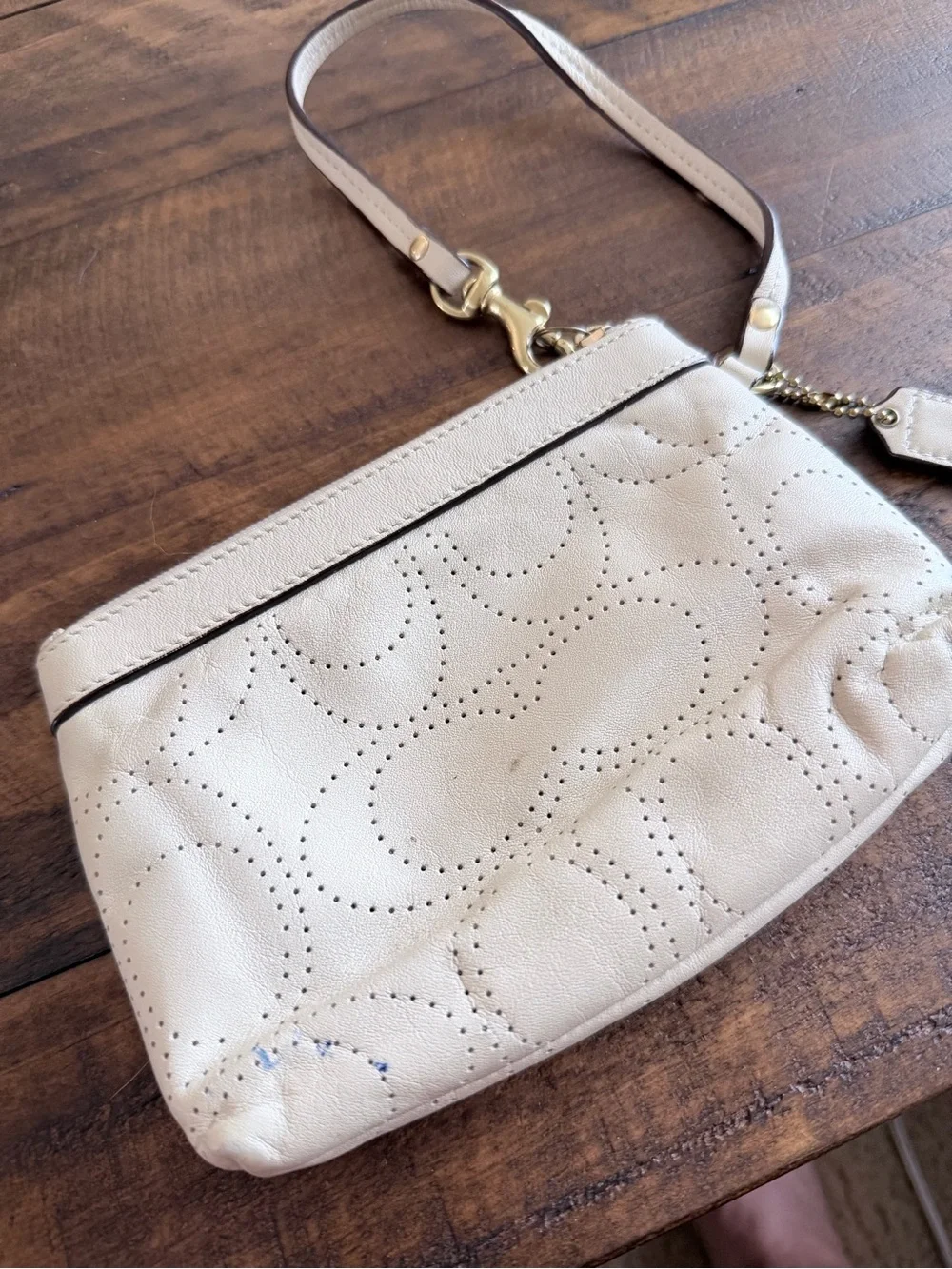 Coach Perforated Leather Wristlet in Cream with Gold Hardware
